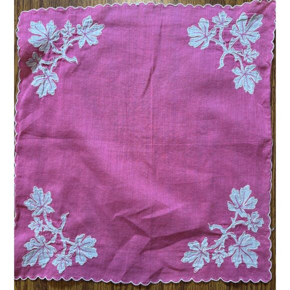 Accessories - vintage pink linen handkerchief W/ white embroidered leaf appliques